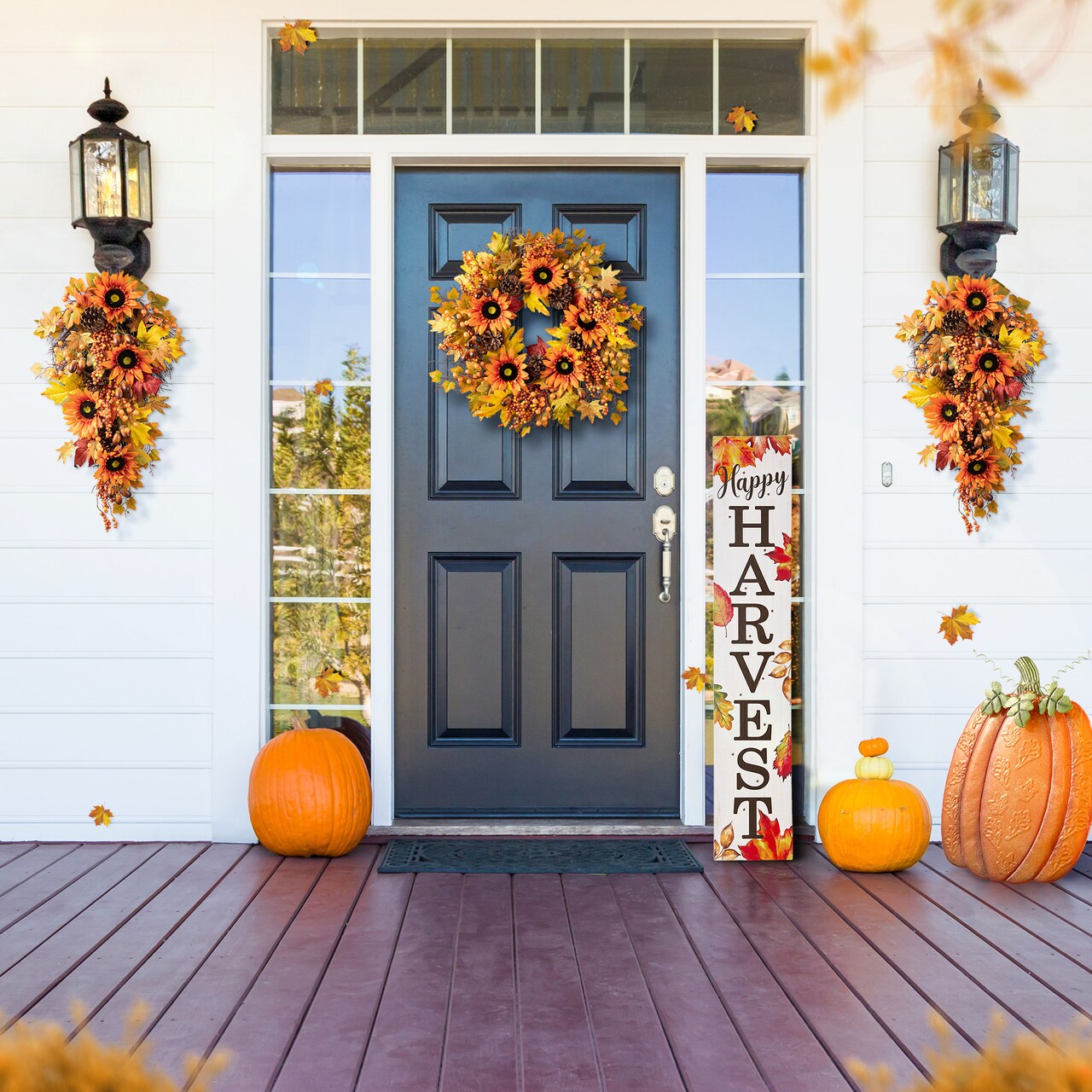 Set of 2 27"H Fall Sunflower, Maple Leaf and Berry Teardrop Swag